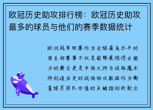 欧冠历史助攻排行榜：欧冠历史助攻最多的球员与他们的赛季数据统计