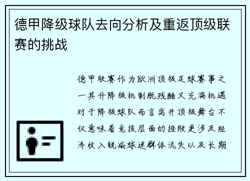 德甲降级球队去向分析及重返顶级联赛的挑战